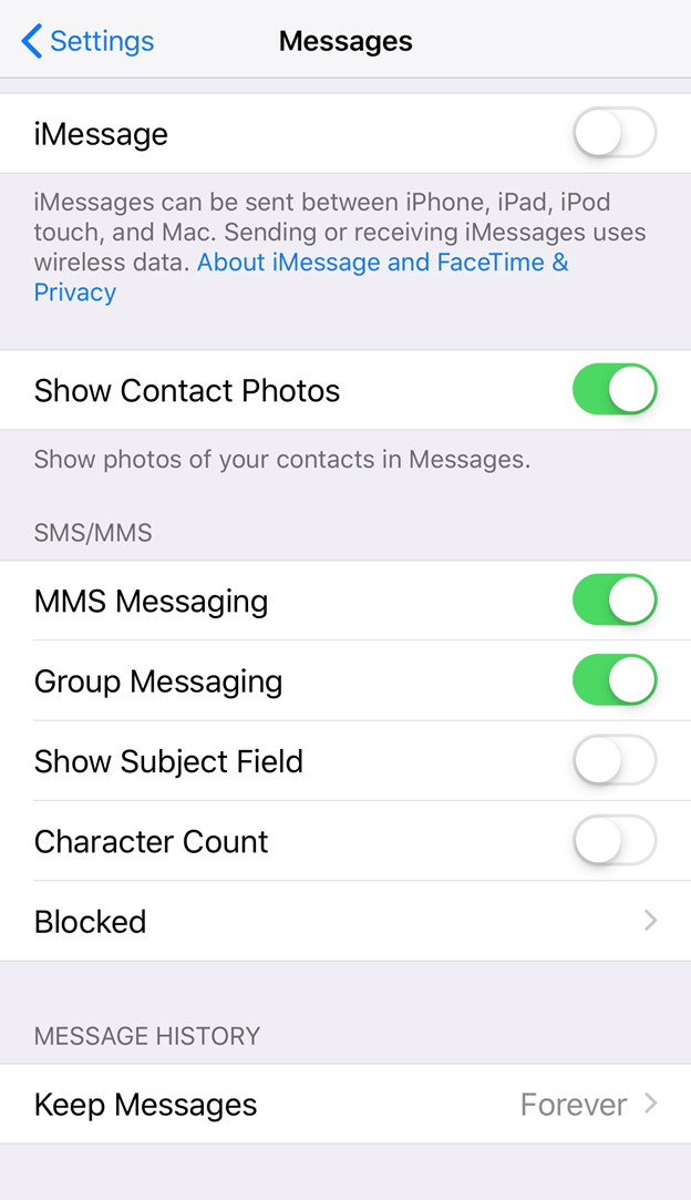 Verifique la configuración de mensajes para reparar el iPhone que no recibe mensajes de texto de Android