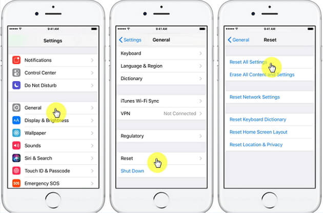 Restablecer todas las configuraciones para reparar el iPhone, tardando para siempre en cargarse y encenderse