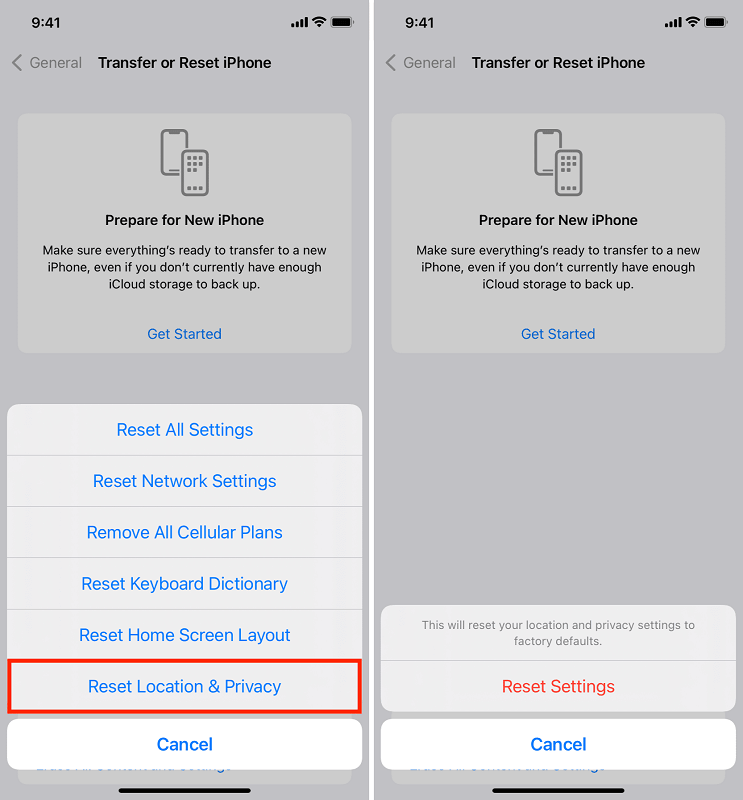 Restablecer ubicación y privacidad cuando la carpeta DCIM del iPhone está vacía y no se muestra en la computadora