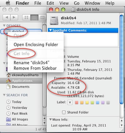 Comprobar el espacio disponible en el disco de Mac OS Finder