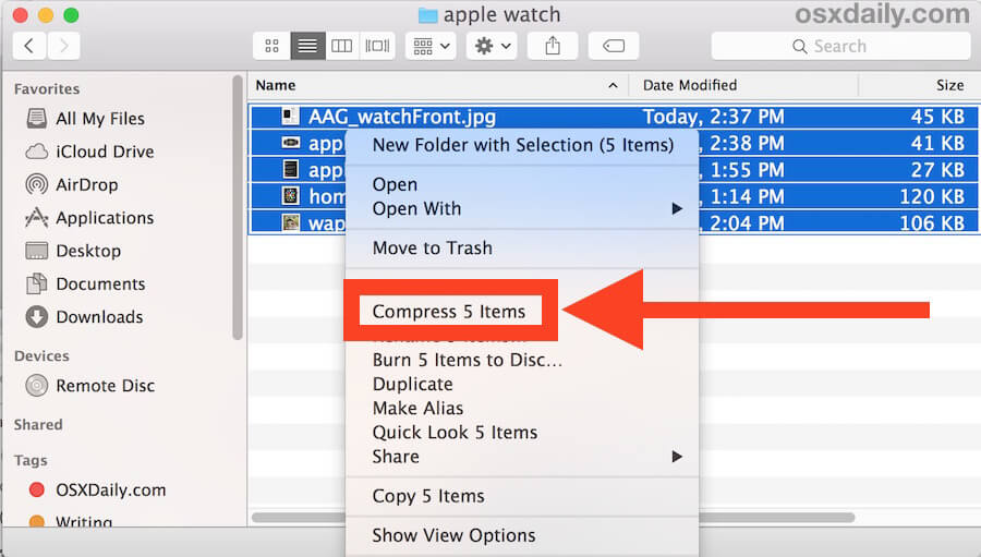 Crear un archivo zip en Mac Compress