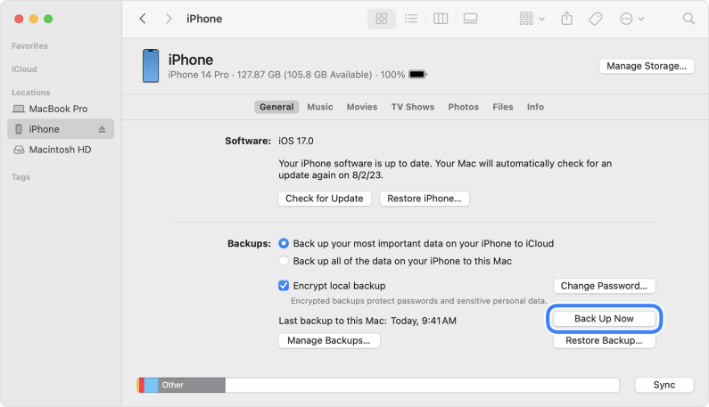 Hacer una copia de seguridad del iPhone en la PC usando Finder