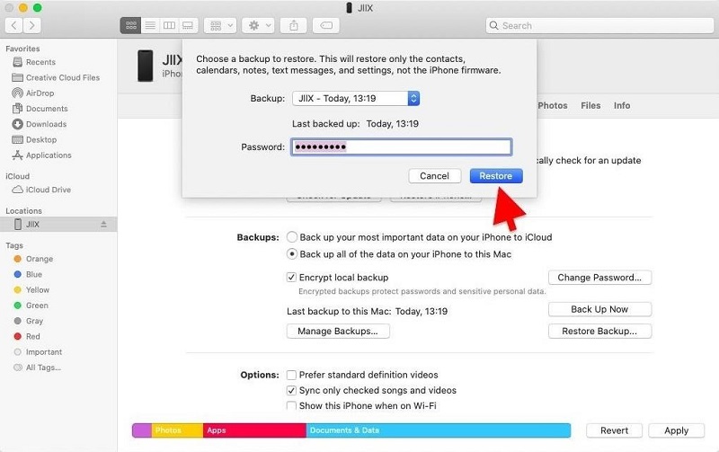 Deshacer notas eliminadas en iPhone usando Finder