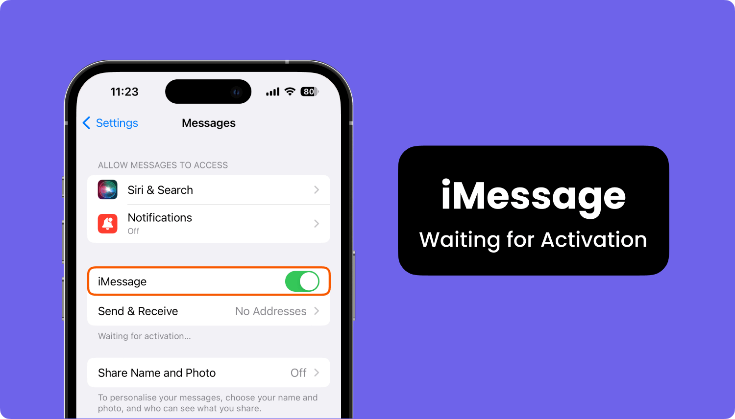 Imessage en espera de error de activación