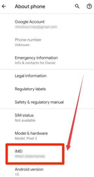 Encuentre el número IMEI a través de la aplicación de configuración para desbloquear el teléfono Android del operador