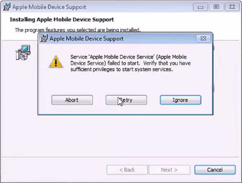El servicio de dispositivo móvil de Apple no se pudo iniciar