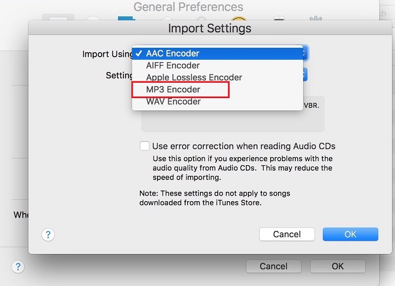Seleccione MP3 como Importar usando en Mac