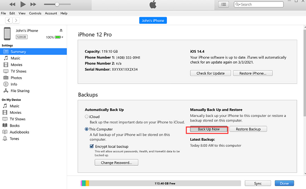 Transferir datos del iPhone a la computadora portátil usando iTunes