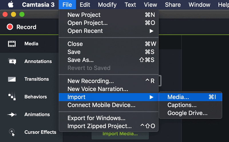 Haga clic en Archivo e Importar y luego Medios en Camtasia