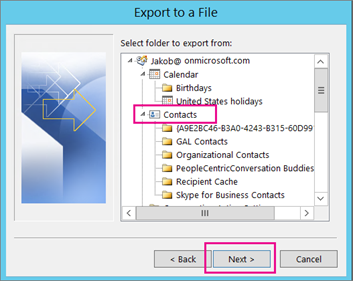 Elija la carpeta de contactos de Outlook para exportar
