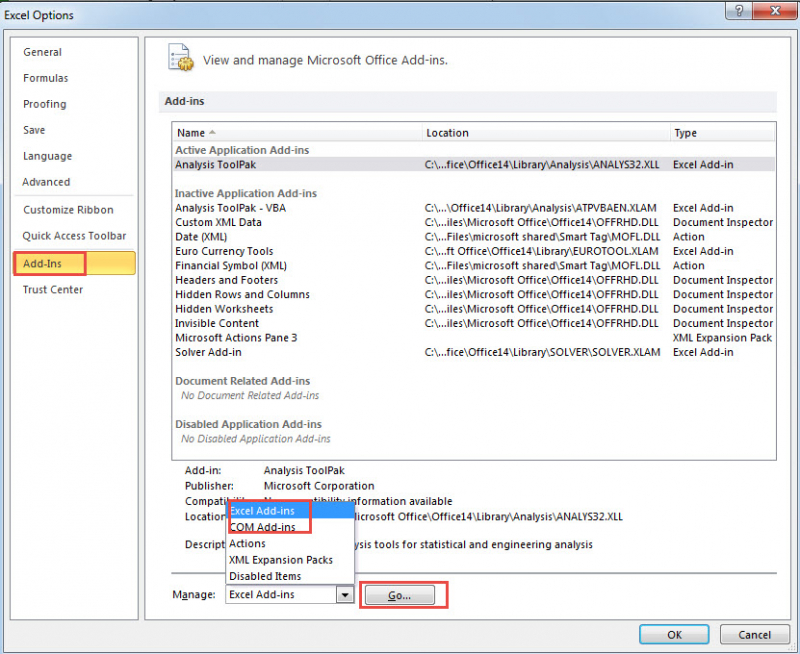 Deshabilite los complementos en MS Excel cuando Microsoft Excel haya dejado de funcionar