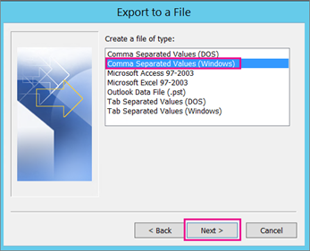 Seleccione el proceso de exportación para exportar contactos de Outlook