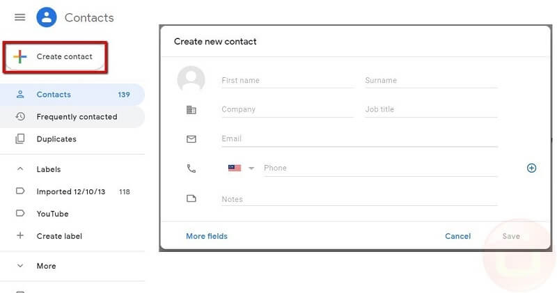 Crear contactos de Gmail