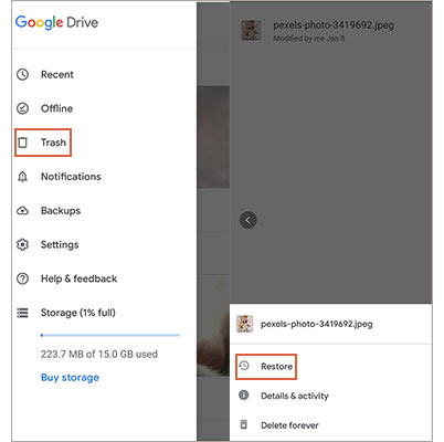 Ver fotos eliminadas recientemente usando la papelera en Google Drive