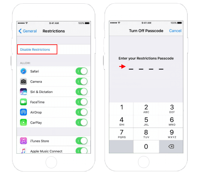 Deshabilitar el modo restringido para iOS 11 y versiones anteriores