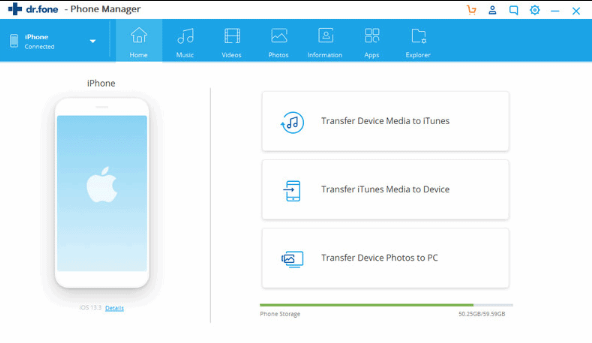 Las 5 mejores herramientas de transferencia de datos de iPhone a PC: Dr.Fone Phone Manager (iOS)