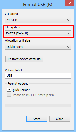 Formatee el sistema de archivos USB a FAT32