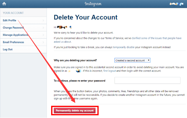 Eliminación de la cuenta de Instagram usando el motor del navegador web