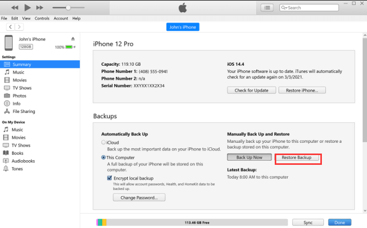 Restaurar contactos de iPhone a través de iTunes
