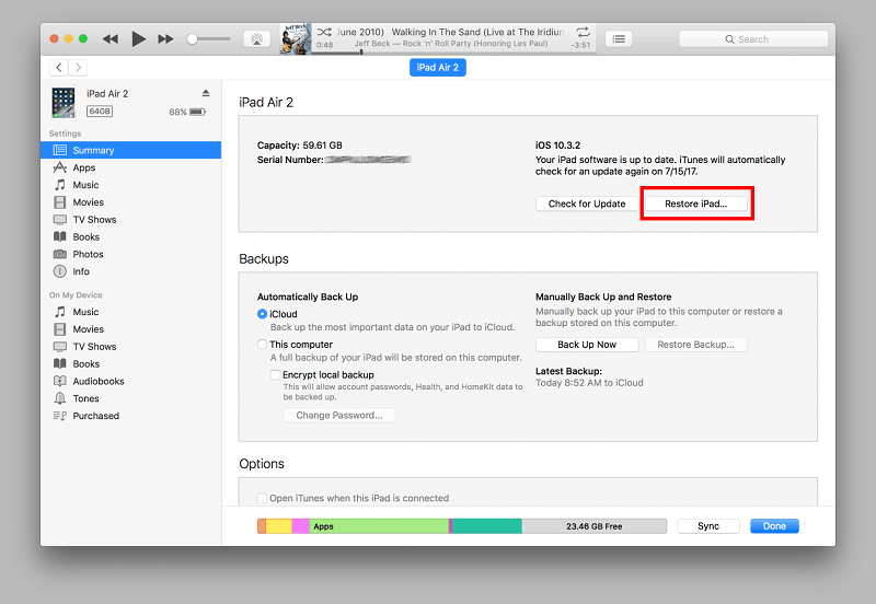 Restablecimiento completo de fábrica del iPad sin contraseña usando iTunes