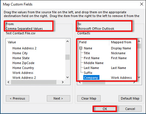Elija los campos personalizados del mapa para exportar contactos de Outlook