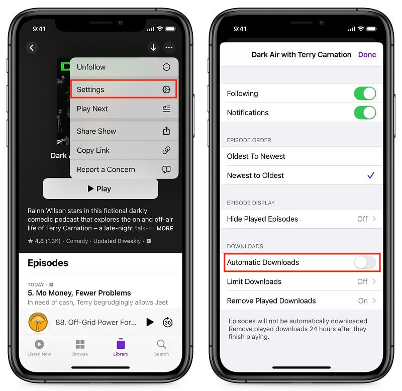Desactive las descargas automáticas para eliminar podcasts del iPhone