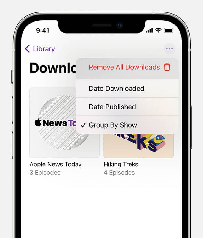 Elija Eliminar todas las descargas para eliminar podcasts del iPhone