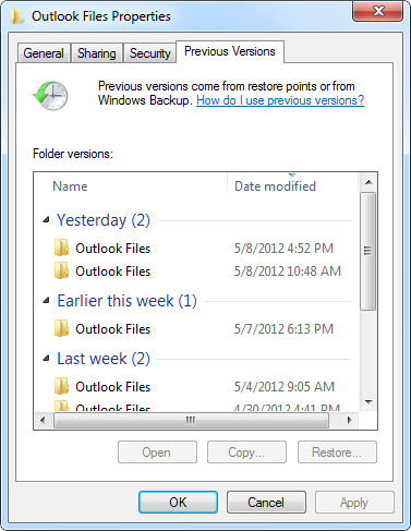 Restaurar la versión anterior para recuperar archivos PST eliminados en Outlook