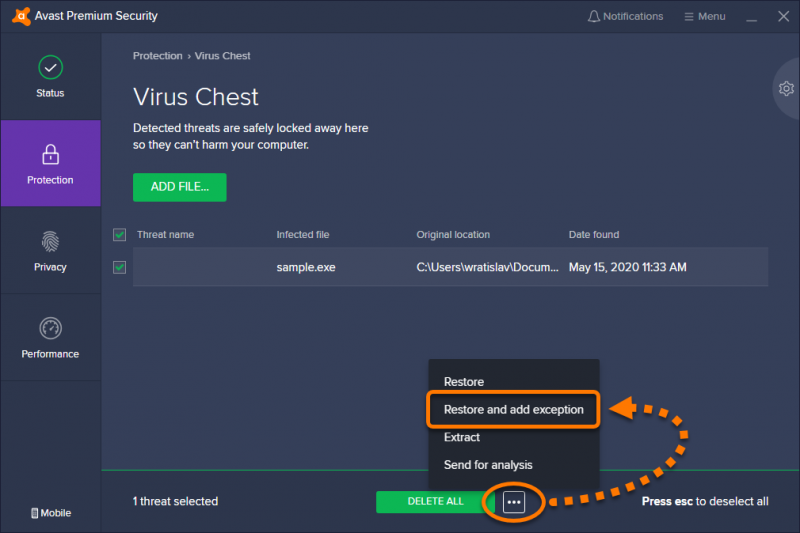 Reparar Avast no puede restaurar el error de archivo volviendo a abrir el baúl de virus