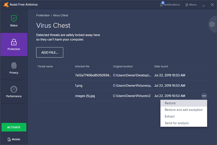 Restaure su archivo para recuperar archivos eliminados por Avast Antivirus
