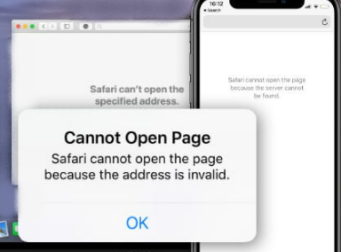 Captura de pantalla del error Safari no puede abrir la página porque la dirección no es válida