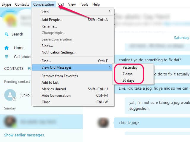 Ver mensajes antiguos para recuperar el historial de chat de Skype eliminado