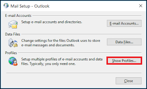 Haga clic en el botón Mostrar perfiles para resolver un error que no sea un archivo de datos de Outlook