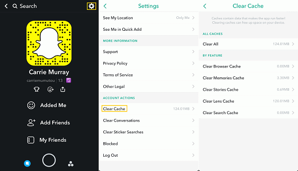 Borrar caché para arreglar Snapchat esperando enviar mensaje