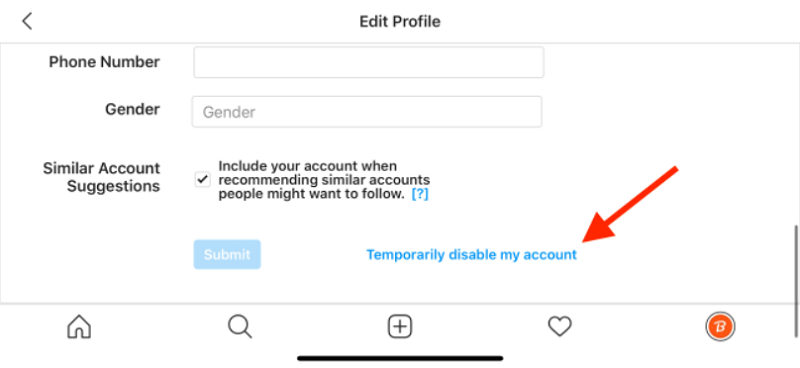 Tap on Temporarily Disable My Account on Instagram