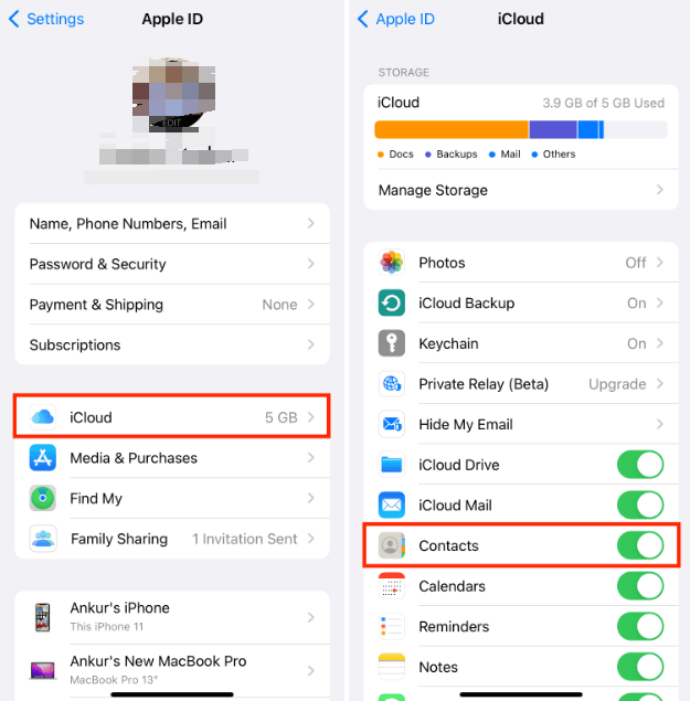Activar y desactivar los contactos de iCloud