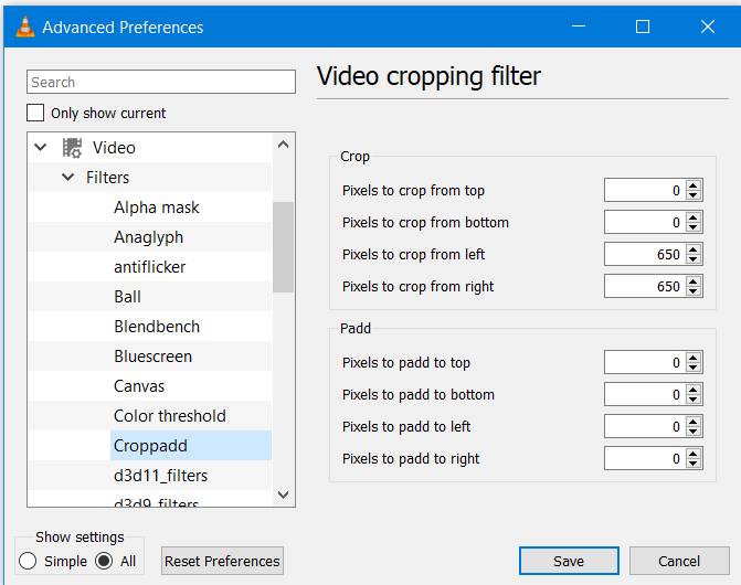 Seleccione Cropadd para recortar video con VLC