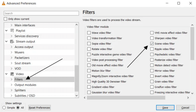 Elija el filtro de escena para crear capturas de cuadros de video en VLC Media Player