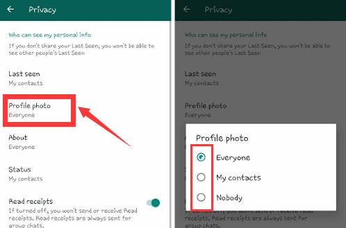 Cambie la configuración de privacidad de la foto de perfil de WhatsApp para corregir el estado de WhatsApp que no se muestra