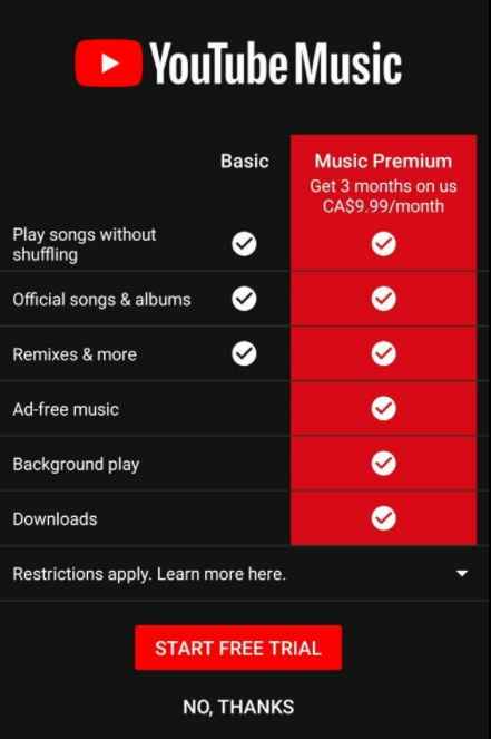 Comprobación de los beneficios de Youtube Music Premium