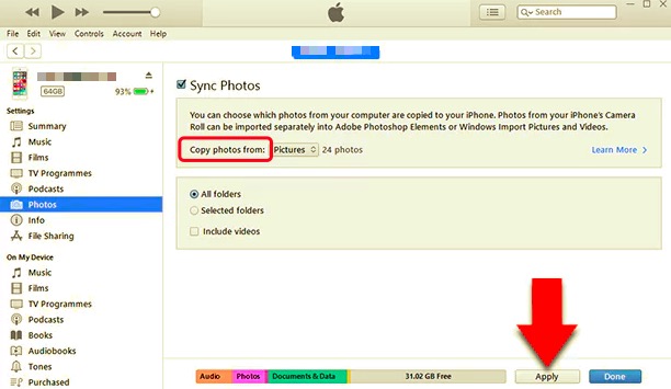 Transferir fotos desde el iPhone al disco duro usando iTunes