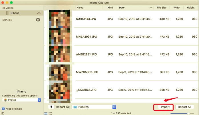 Importe fotos desde iPhone a un disco duro externo a través de Image Capture en Mac