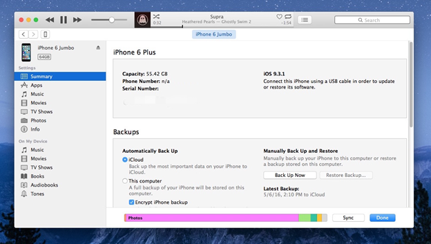 Página de resumen en su iTunes para transferir programas de TV de iPhone a iPhone