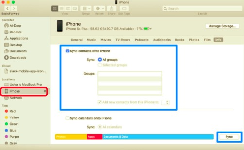 Utilice Finder para sincronizar contactos de iPhone a iPad