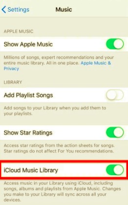 Verifique si la biblioteca de música de iCloud está activada para sincronizar música con mi iPhone