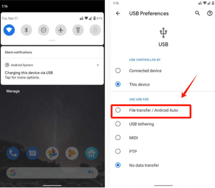Active el modo MTP para transferir datos