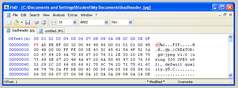 Editor hexadecimal HxD de las herramientas de reparación de JPEG