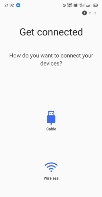 Elija usar un cable USB o una transferencia inalámbrica
