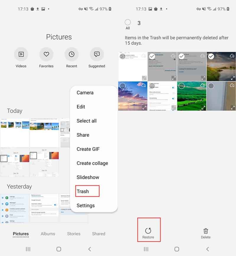 Encuentre fotos eliminadas recientemente usando el álbum Eliminado recientemente en la aplicación Gallery