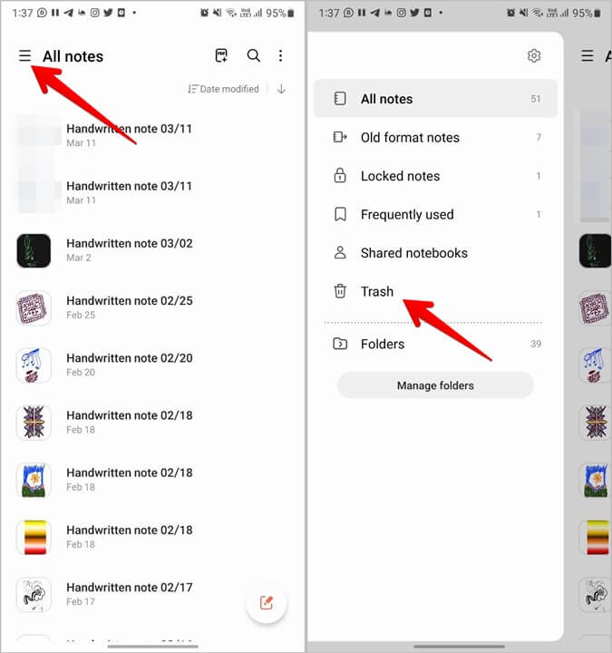 Recupere Samsung Notes sin respaldo usando la carpeta Papelera